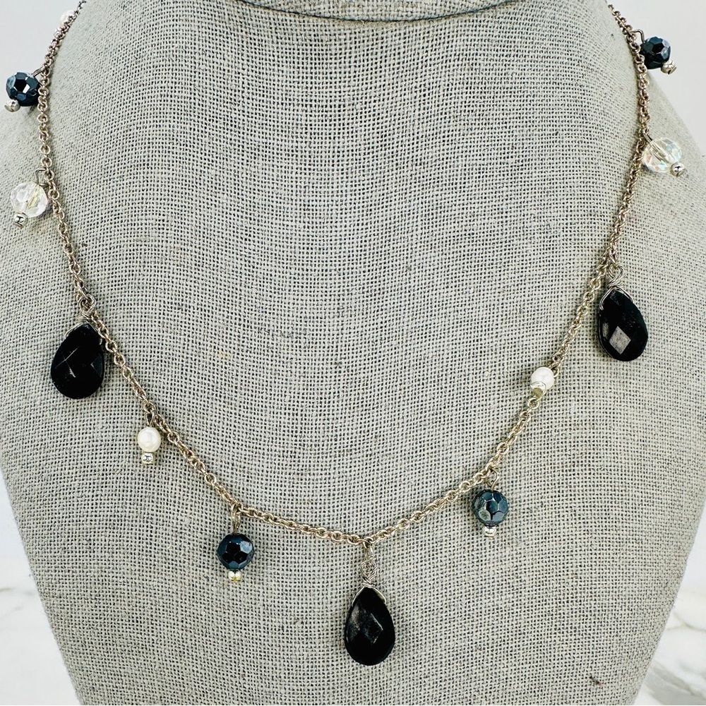 Cookie Lee Black Bead & Freshwater Pearl Necklace Dainty Dangle Black Silver